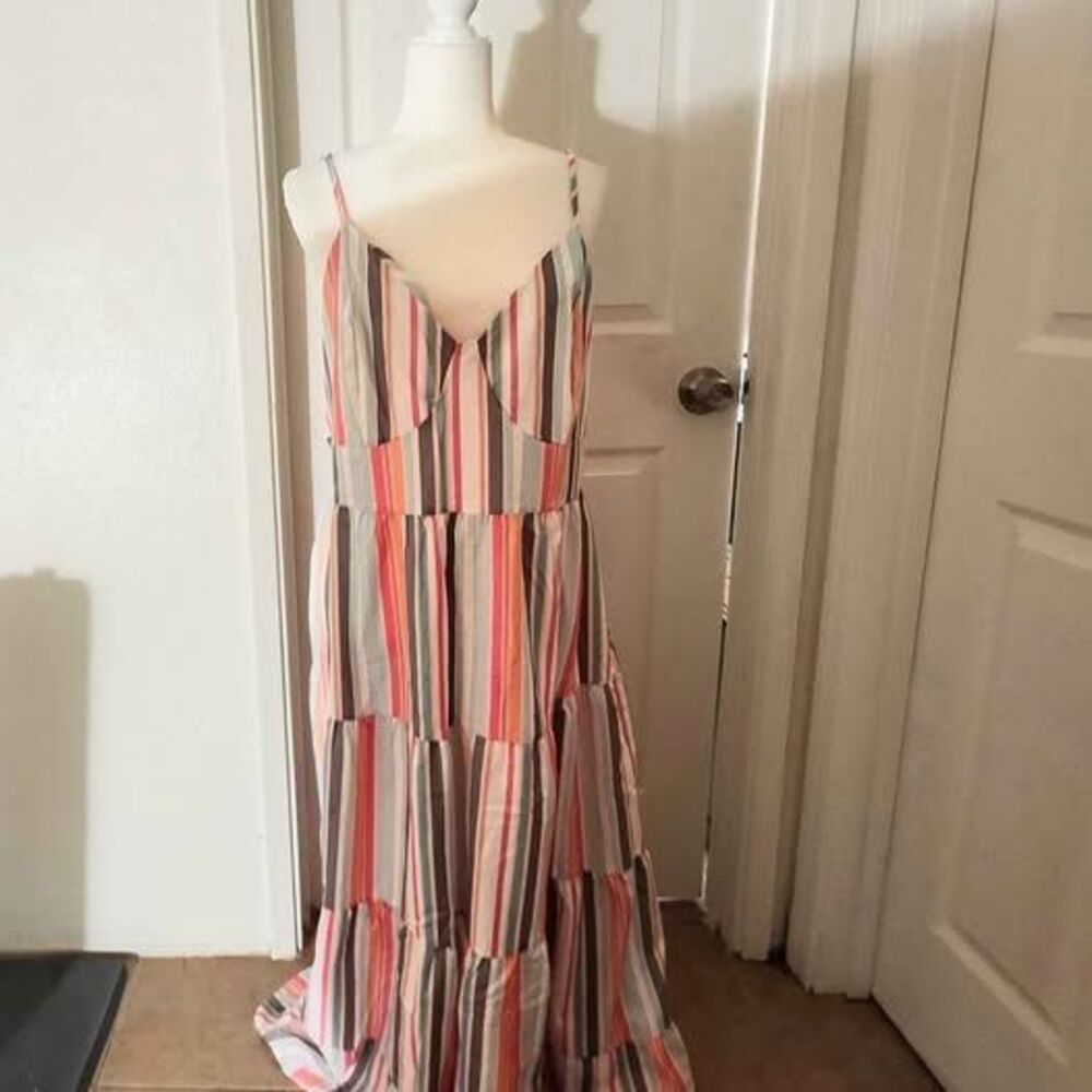 Colorful Striped Bra Style Empire Waist Open Tiered Maxi Dress 4X